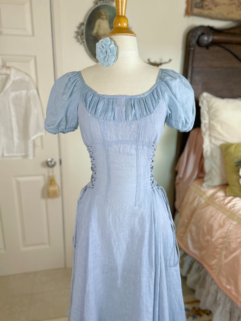 Linennaive Blue Linen Corset Milkmaid Dress, Ylang 18 Cinderella, Puff Sleeves — image 6 of 8